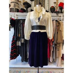 vintage 1980s 2 piece dress set medium purple velvet balloon sleeves jacket gold